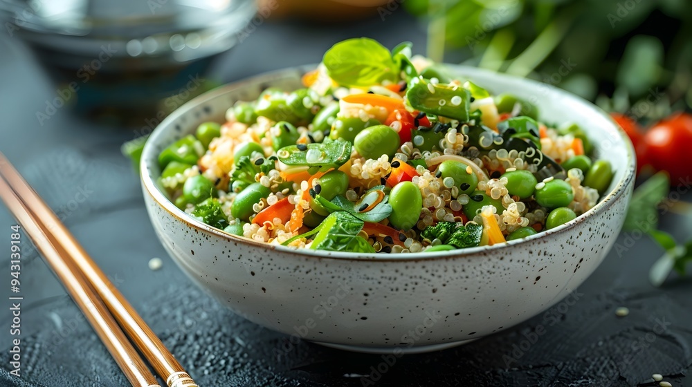 Edamame and Quinoa Salad with Citrus Dressing in Modern White Bowl with Chopsticks Healthy Food Concept with Copy Space Edamame and Quinoa Salad with Citrus Dressing in Modern White Bowl with Chopsticks Healthy Food Concept with Copy Space