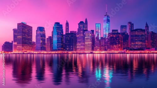 City Night View Reflection and Skyline