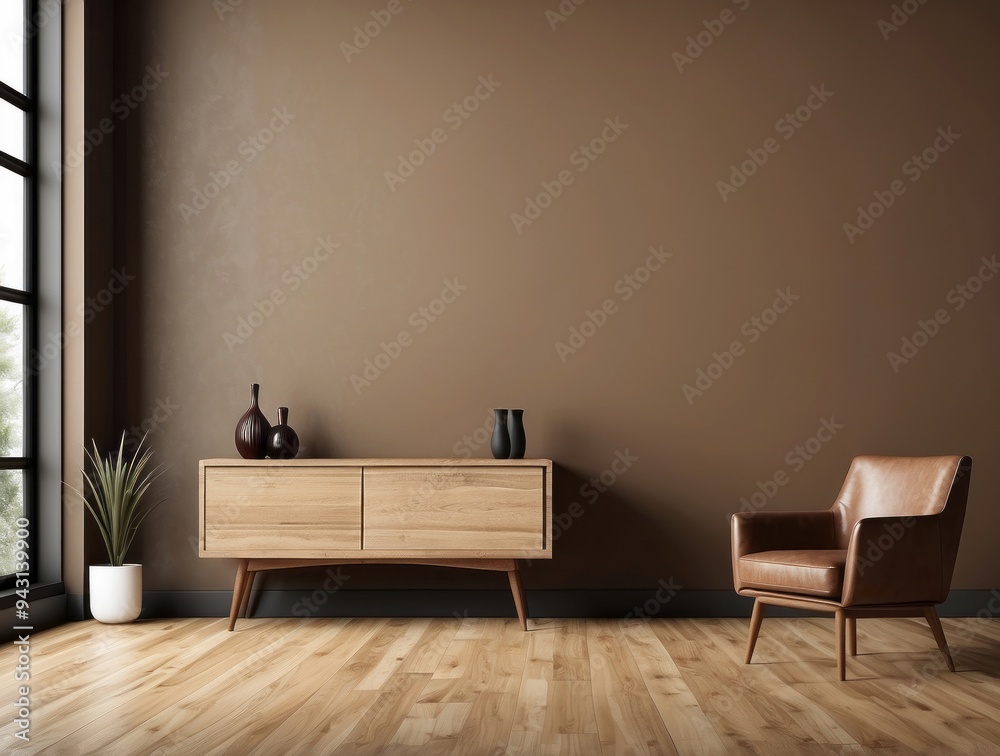 Modern Living Room with Brown Walls, Wooden Cabinet, and Leather Chair Modern Living Room with Brown Walls, Wooden Cabinet, and Leather Chair
