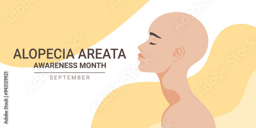 September is Alopecia Areata awareness month banner. Beautiful bald head woman. Vector illustration