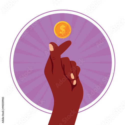 Gold coin in hand. Human hand tosses a coin. Money concept. Vector illustration