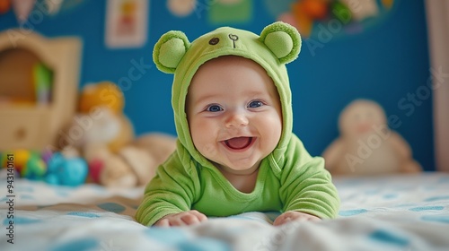 Cute baby smiling in a green bear onesie