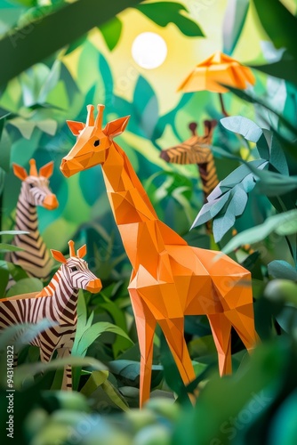 paper animal sculptures, including giraffes and zebras in a jungle setting, created in an style. photo