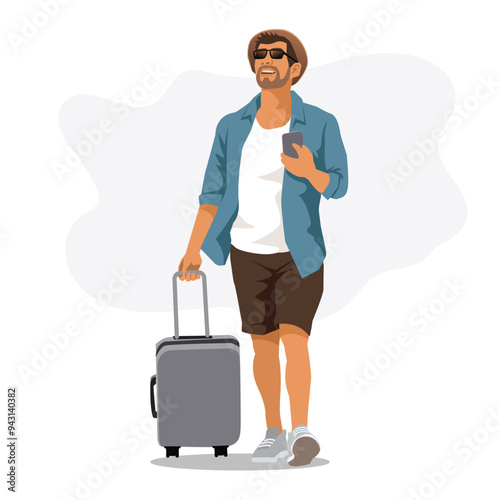 Happy traveler using mobile phone while walking with suitcase on the street.