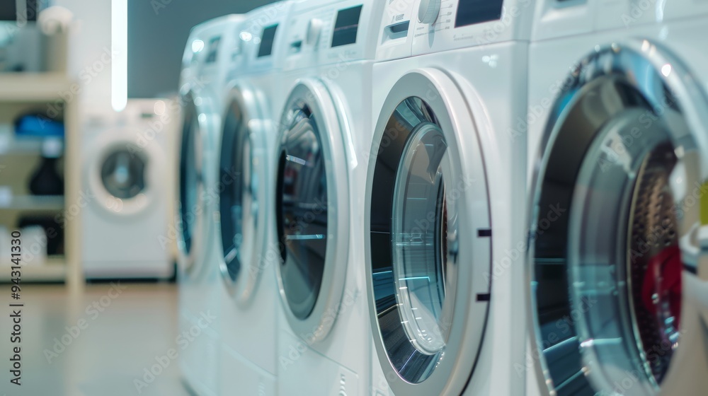 Row of modern washing machines in a brightly lit store, symbolizing choice, cleanliness, and the convenience of modern domestic life. Row of modern washing machines in a brightly lit store, symbolizing choice, cleanliness, and the convenience of modern domestic life.