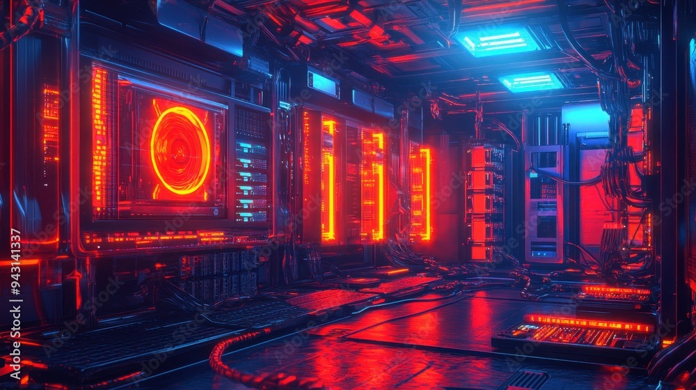 Obraz premium Server room in red and blue light
