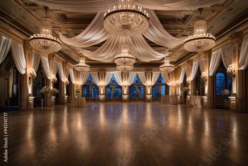 A hotel ballroom with elegant drapery, crystal chandeliers, and a dance floor