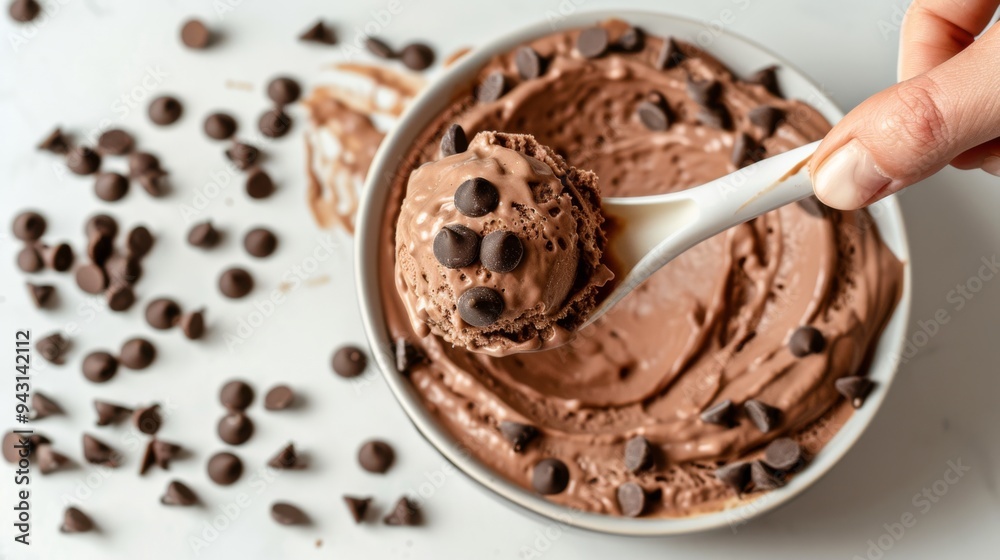 Close-up of chocolate ice cream in a bowl with a spoon, surrounded by scattered chocolate chips on a white marble surface, presenting a tempting dessert. Close-up of chocolate ice cream in a bowl with a spoon, surrounded by scattered chocolate chips on a white marble surface, presenting a tempting dessert.