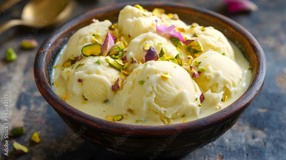 150. A bowl of Indian kulfi (traditional ice cream) with pistachios ...
