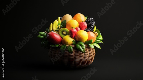 A vibrant basket of colorful, fresh fruits on a dark background showcasing a variety of textures and colors. photo