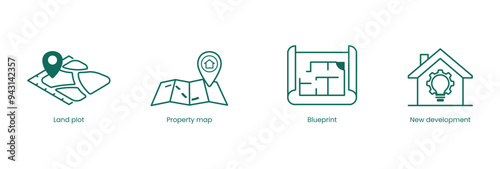 Real Estate Vector Icon Set: Land Plot, Property Map, Blueprint, New Development