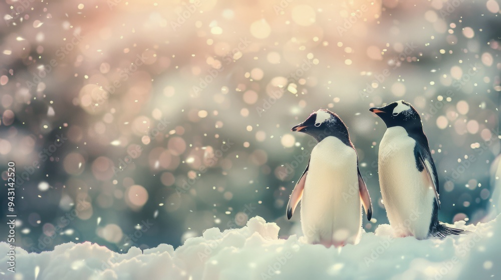 Fototapeta premium Two penguins stand close together on snowy ground, surrounded by a soft, ethereal snowfall with a warm, shimmering background glow.
