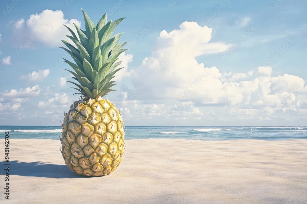 pineapple on the beach with a view of the blue sky with clouds pineapple on the beach with a view of the blue sky with clouds