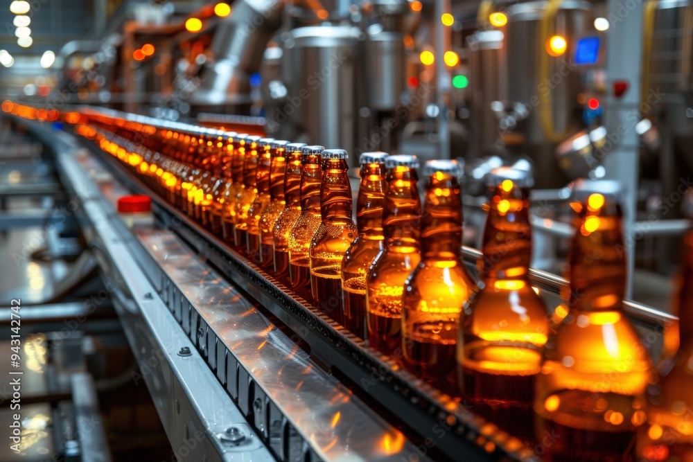 Bottles of beer being transported along a conveyor belt in a modern bottling facility