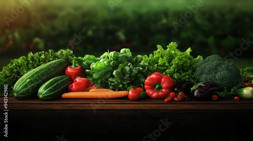 Fresh organic vegetables including cucumbers, carrots, peppers, and greens arranged on a wooden table in a garden setting.