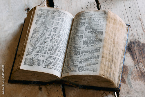 Bible on original table in the living room from the childhood home of the Norwegian lay preacher Hans Nielsen Hauge. photo