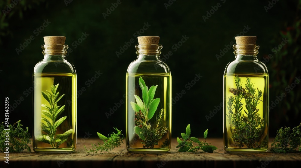 Three glass bottles with herbal infusions placed on a wooden surface against a dark green background. Three glass bottles with herbal infusions placed on a wooden surface against a dark green background.