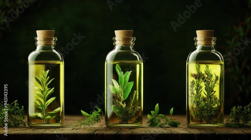 Three glass bottles with herbal infusions placed on a wooden surface against a dark green background.