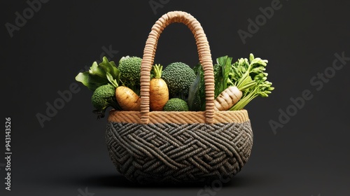 Wicker basket filled with fresh vegetables including carrots, broccoli, and celery, set against a dark background. photo