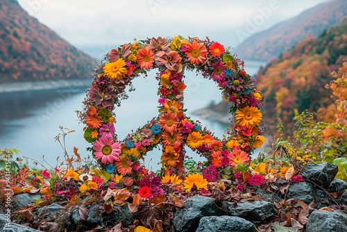 Colorful flower peace sign near a serene lake in autumn photo