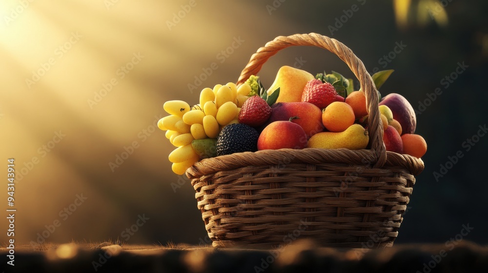 A rustic wicker basket filled with an assortment of fresh fruits, basking in the warm, golden glow of the morning sunlight. A rustic wicker basket filled with an assortment of fresh fruits, basking in the warm, golden glow of the morning sunlight.