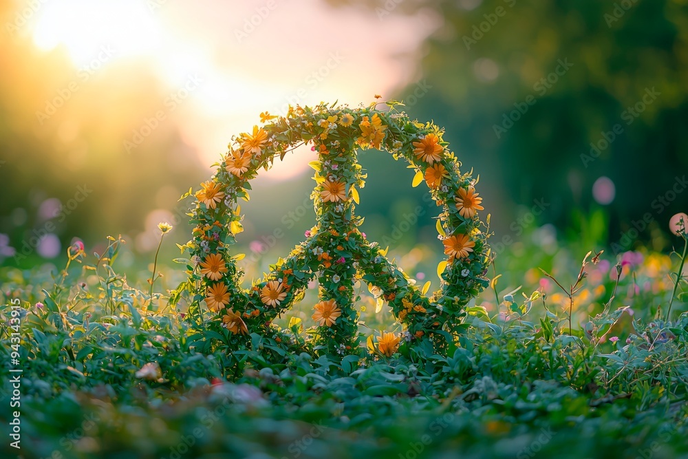Obraz premium Sunset over a blooming field with a vibrant peace symbol