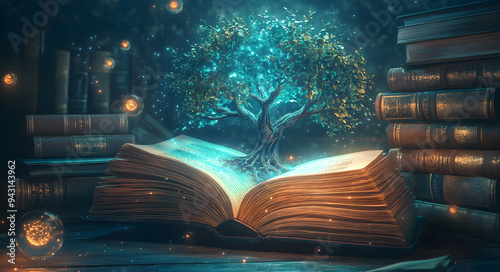 A Tree of Knowledge with Glowing Leaves Surrounded by a Mystical Aura, Symbolizing Enlightenment and Wisdom, Creating a Magical and Inspirational Scene, Ideal for Representing Themes of Learning, Inte