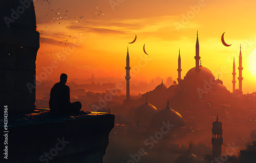 A Silhouette of a Person Sitting on Top of a Mosque at Night, Creating a Serene and Contemplative Scene Against a Dark Sky, Emphasizing the Tranquility and Spirituality of the Moment, Ideal for Depict photo