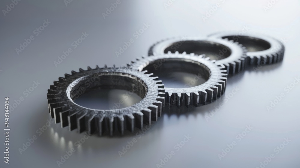 Close-up of interlocking metal gears aligned in a row, showcasing precision and industrial craftsmanship against a sleek, white background. Close-up of interlocking metal gears aligned in a row, showcasing precision and industrial craftsmanship against a sleek, white background.