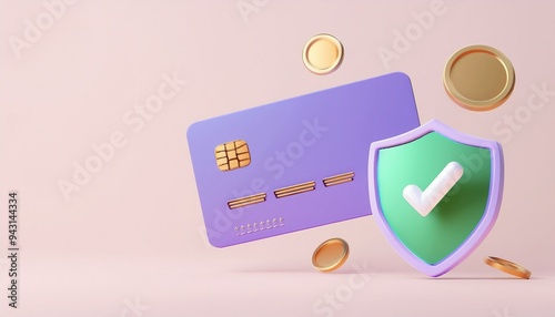 A modern credit card and security shield symbolizing online payment protection, surrounded by golden coins on a soft background.