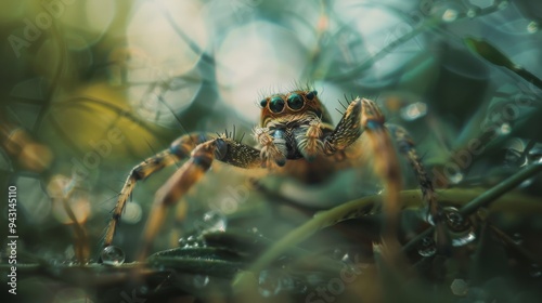 An impressively detailed shot of a spider in its natural habitat, highlighting its bold features and the earthy tones of its surroundings. photo