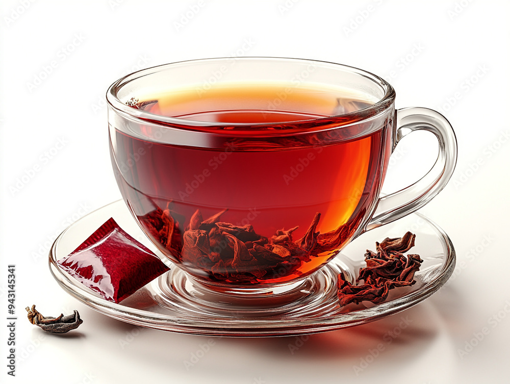 A clear glass cup filled with aromatic red tea, accompanied by tea leaves and a tea bag on a saucer. A clear glass cup filled with aromatic red tea, accompanied by tea leaves and a tea bag on a saucer.