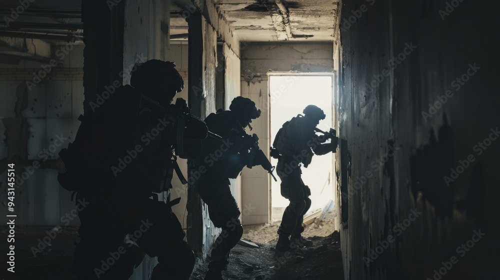 Three soldiers in tactical gear advance cautiously through a dimly lit, abandoned building during a mission. Three soldiers in tactical gear advance cautiously through a dimly lit, abandoned building during a mission.