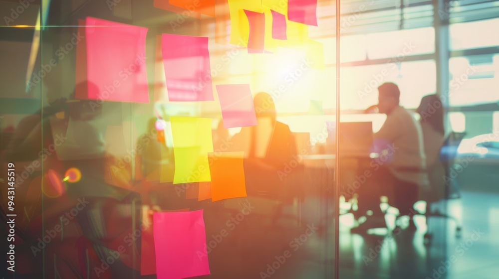 Fototapeta premium Bright sticky notes on a glass wall in a modern office, sunlight streaming through the windows, with a team collaborating in the background.