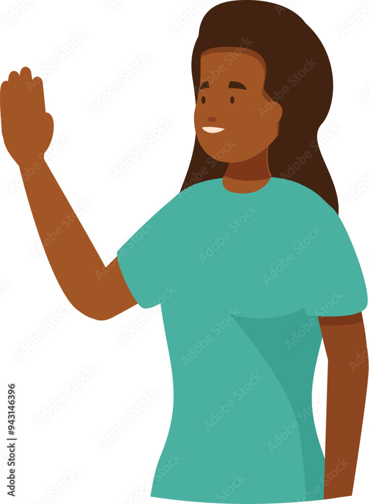 Smiling young woman waving hand greeting gesture Smiling young woman waving hand greeting gesture