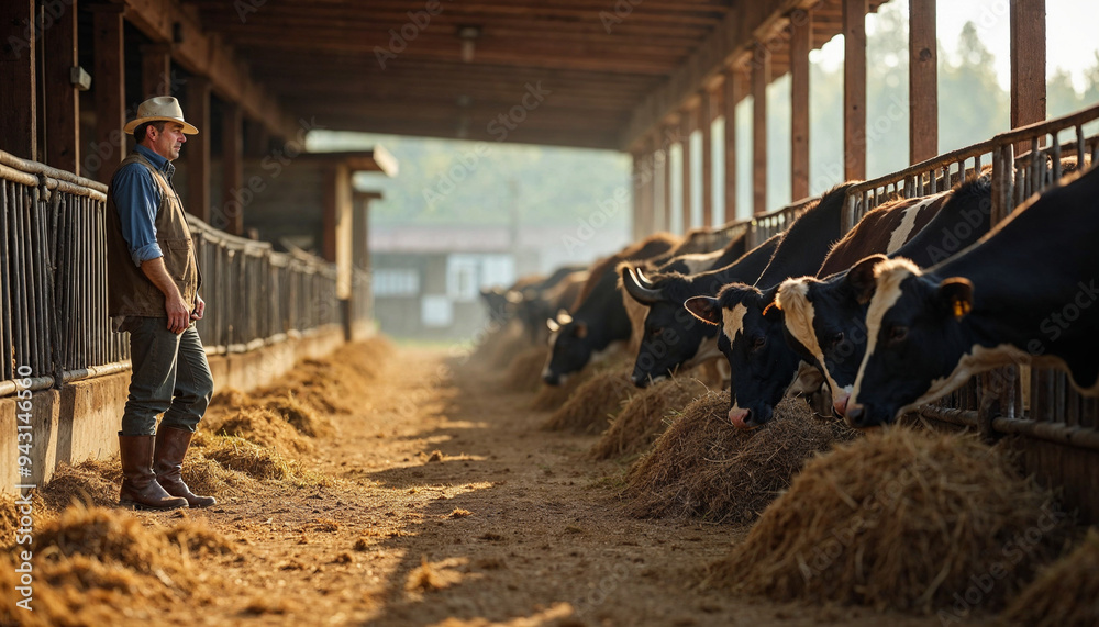 Farmer feeding cows on a rural farm with a barn and pasture in the background.
Farmer feeding cows on a rural farm with a barn and pasture in the background.