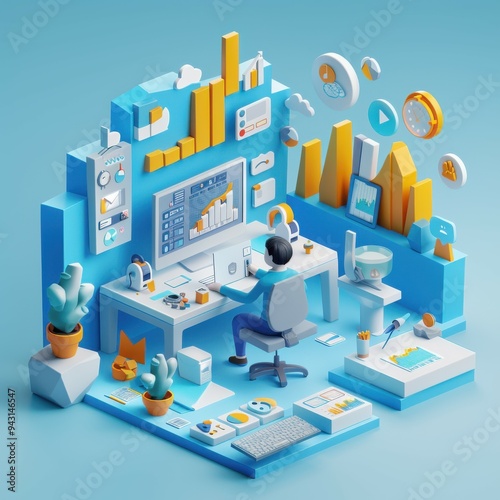 A detailed 3D isometric diorama showing a user at a computer, surrounded by digital marketing icons like graphs, charts, and social media symbols floating above the desk, set on an isolated background photo