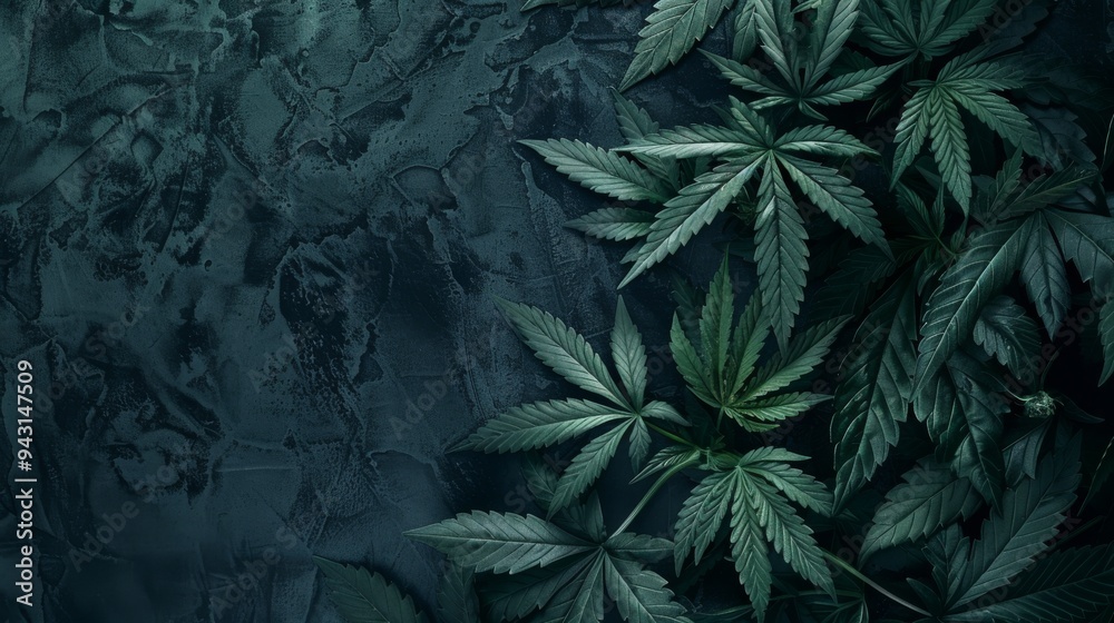 custom made wallpaper toronto digitalA collection of lush green cannabis leaves against a dark, textured background, presenting a stark natural beauty.