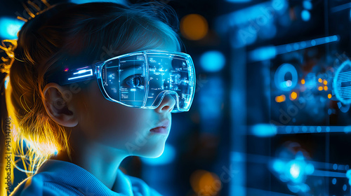 A young girl wars VR glasses, engaged in an online educational experience. The concept of the future of learning, technology in education, and immersive virtual reality for kids. Generative AI.