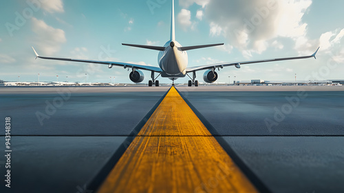 Airplane taxiing on runway at airport with yellow line.