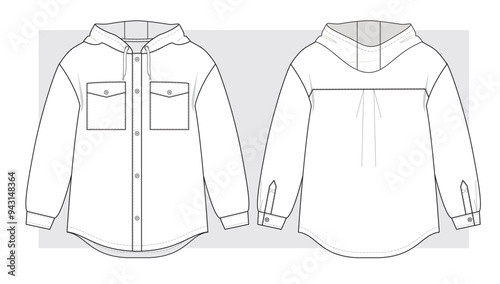 Oversize Hooded Overshirt technical scketch. Vector illustration.