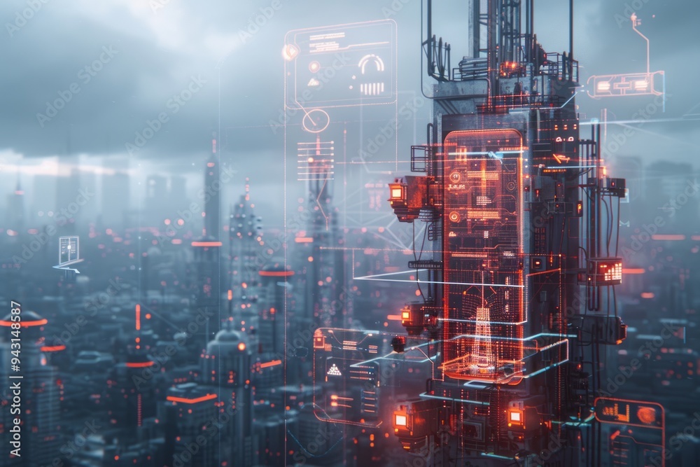Futuristic urban landscape featuring a tall communication tower surrounded by digital interfaces on a cloudy day Futuristic urban landscape featuring a tall communication tower surrounded by digital interfaces on a cloudy day