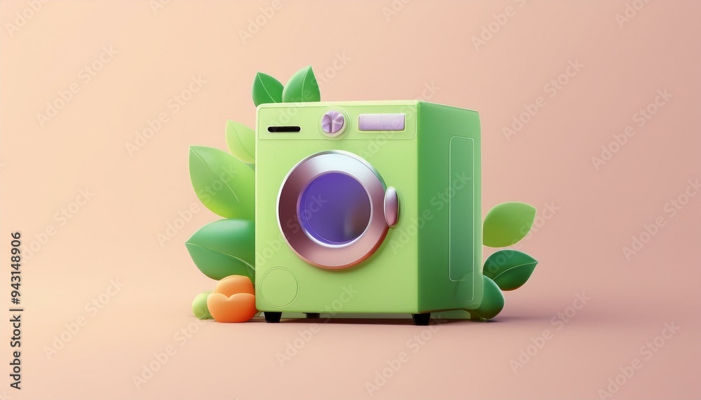 Fototapeta premium A vibrant green washing machine surrounded by foliage, symbolizing eco-friendly laundry practices and modern design.