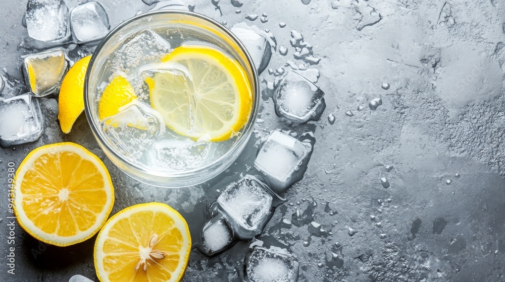 Refreshing Lemon Drink with Ice Cubes.