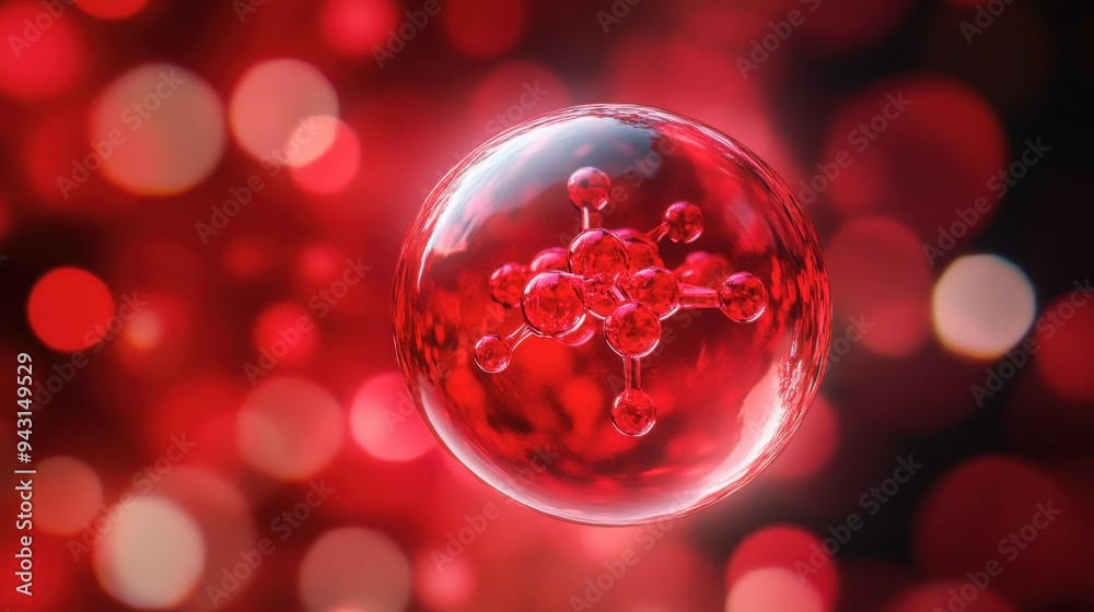 Close-up of a red molecule structure floating in a blurred background, representing scientific research and molecular biology.