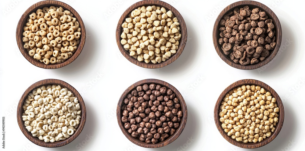 In front of a wooden bowl of cereal, flakes are featured in a flat lay view, top view isolated on the background. In front of a wooden bowl of cereal, flakes are featured in a flat lay view, top view isolated on the background.