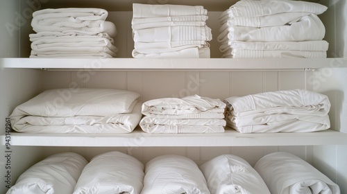 Neatly folded white linens displayed on shelves, evoking a sense of cleanliness, order, and tranquility in a well-organized space.