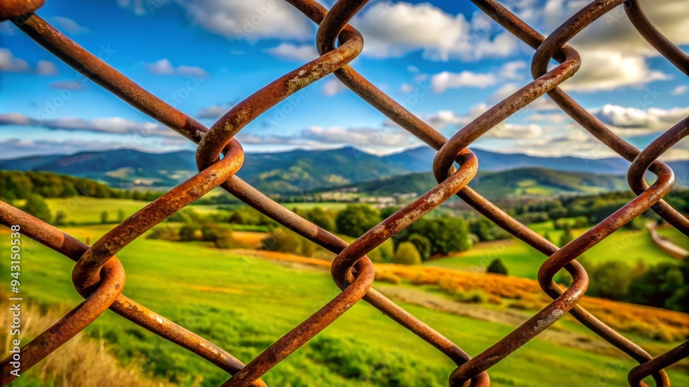 Photo image of a worn chain-link fence with rusted links and a rural landscape in the background.