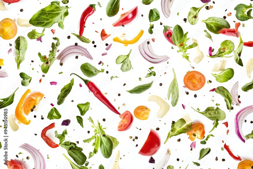 On a white background, fresh green salad with lettuce, tomato, cucumber, and other vegetables is falling from the sky. On a white background, fresh green salad with lettuce, tomato, cucumber, and other vegetables is falling from the sky.