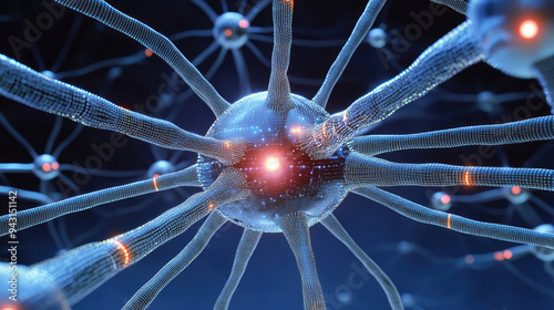 High-resolution image depicting a complex neural network's structure with a focus on the connections and glowing nodes, symbolizing artificial intelligence and connectivity. photo